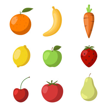 Different fruits and berries vector illustrations set. Collection of cartoon drawings of orange, banana, carrot, lemon, apple, strawberry isolated on white background. Healthy eating, food concept