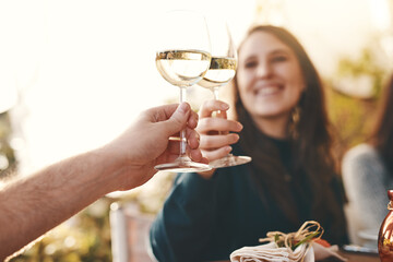 Toast, glass and wine with couple hands with love, happiness and bonding at dinner together in summer. Happy celebration, woman and man with wine glass at party, restaurant or lunch in Marseille