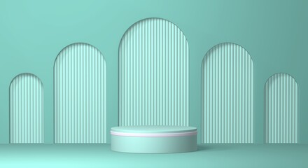 Empty minimalistic turquoise podium with white rim in studio lighting. Single cylinder on a turquoise background with an rounded arches. 3d render