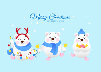Three cute bears wish Merry Christmas and Happy New Year