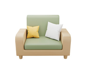 3D green armchair with pillow on transparent background. sofa. chair. Furniture for the home. 3D rendering