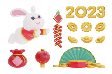3D Chinese new year elements isolated, decoration for Chinese new year, Chinese Festivals, Lunar, CYN 2023, Year of the Rabbit, 3d rendering.