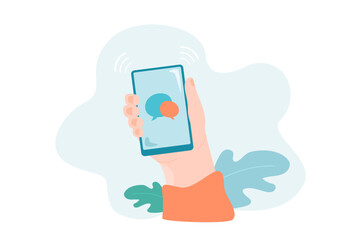Speech bubbles on phone screen flat vector illustration. Person receiving notification of new message. Communication, social networks, chatting concept for banner, website design or landing web page
