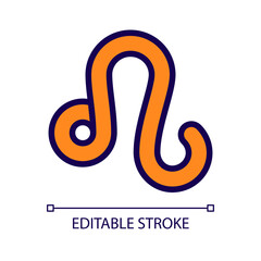 Leo pixel perfect RGB color icon. Fire zodiac sign. Western astrology element lion. Horoscope prediction. Isolated vector illustration. Simple filled line drawing. Editable stroke. Arial font used