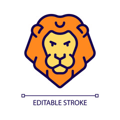 Lion head pixel perfect RGB color icon. Zodiac sign of western astrology. Horoscope personality traits. Isolated vector illustration. Simple filled line drawing. Editable stroke. Arial font used