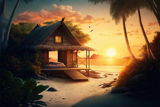 AI generated image of a beautiful golden sunset at a beach with a cozy beach hut 