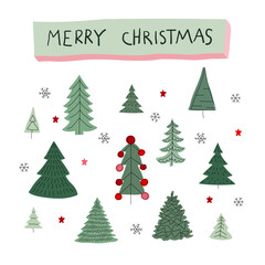 Fototapeta premium Merry christmas pattern with simple minimalist trees on white background.