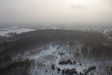 Aerial landscape of the snowy forest at winter, Poland.