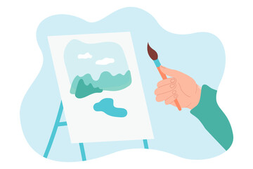 Easel with painting and paintbrush in hands. Unrecognizable person painting landscape flat vector illustration. Hobby, art concept for banner, website design or landing web page