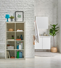 White bathroom ceramic wall interior style with sink mirror and washing machine style, brick wall cabinet and home accessory decoration, cleaning material.