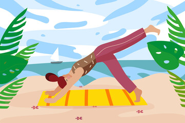 Woman practicing yoga in seacoast background. Young girl doing asanas on mat on sea beach. Physical activity outdoors. Nature scenery at seaside resort. Illustration in flat cartoon design