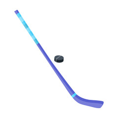 sport hockey stick and puck, equipment for skiing and sledding vector illustration Isolated on white back. Winter, sports, outdoor activity
