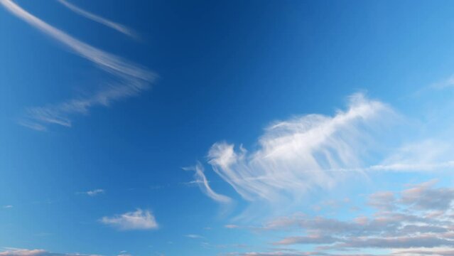 Beautiful white cirrus clouds. Slowly move of white cloudscape. Timelapse.