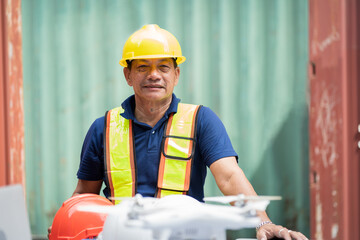 Asian male container yard worker working with container boxes before control loading. Asian foreman or supervisor checking products in container boxes from cargo freight ship