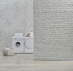 White bathroom ceramic wall interior style with sink mirror and washing machine style, brick wall...