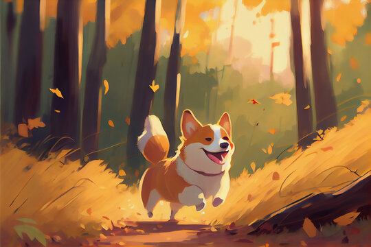 happy corgi running in the autumn forest