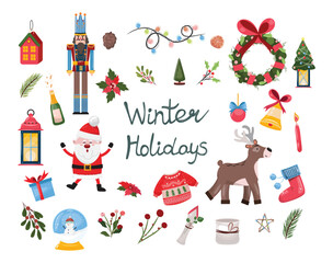 Collection of Christmas elements. Abstract design elements for winter holidays. Christmas decorative elements for any design projects. For cards, invitation, advertisements, posters.