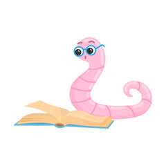 smart surprised bookworm reading book cartoon vector illustration. Funny insect on white background