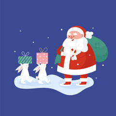 Cartoon santa christmas bunny present for decorative design. Christmas greeting card. Vector drawing.