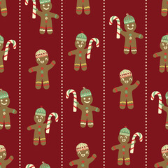 Cute gingerbread men, candy canes vector pattern background. Dotted stripes. Traditional Christmas smiling laughing cookie character motifs on red backdrop. Fun festive hand drawn style for Holidays.