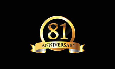 81 year anniversary logo celebration with ring and ribbon. 81st Anniversary celebration. Gold Luxury Banner of  81st Anniversary celebration. Vector anniversary
