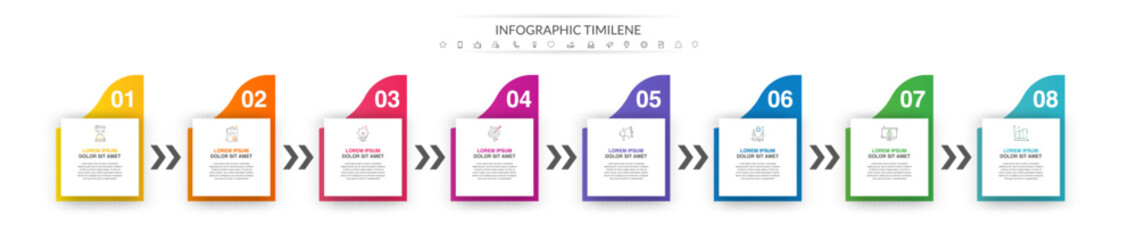 Vector concept infographics with eight squares and symbols. Modern business graphic template with 8 steps and arrows. Process timeline for the business project on white background