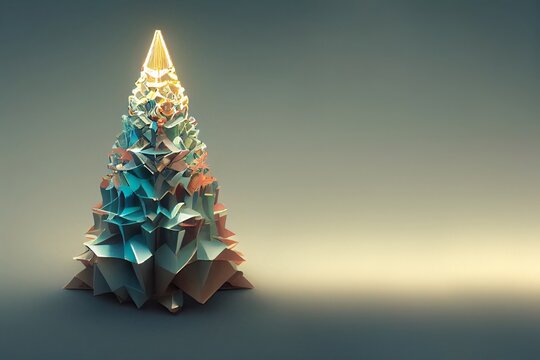 modern 3d low poly origami christmas card background with text space and christmas tree. Blue and gold season greetings postcard with xmas tree. Colorful and bright celebration background, painted.