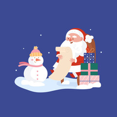 Santa claus read list in flat style on blue background. Winter background. Vector background. Vector collection. Merry christmas background.