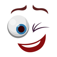 Comic face winks an eye vector illustration. Eyes and mouth of cute, funny or angry cartoon character isolated on white background