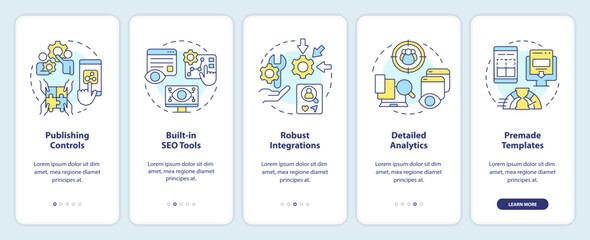 Content management system aspects onboarding mobile app screen. Walkthrough 5 steps editable graphic instructions with linear concepts. UI, UX, GUI template. Myriad Pro-Bold, Regular fonts used