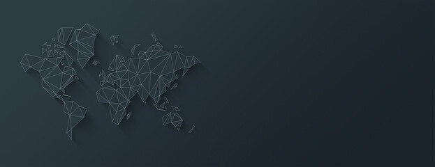 World map shape made of polygons. 3D illustration on a black background. Horizontal banner