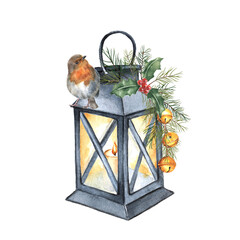 Watercolor christmas arrangement with lantern and robin bird, spruce branches and bells
