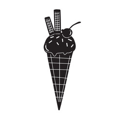 Yummy single scoop ice cream cone with wafers and cherry on top. Glyph icon silhouette with simple flat vector drawing isolated on plain white background. Cooling food for summer.