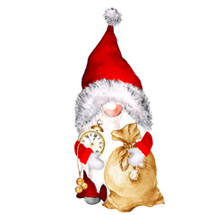 Cute christmas gnome with santa hat and with santa's bag and clock