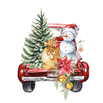 Watercolor red pickup truck with christmas tree and