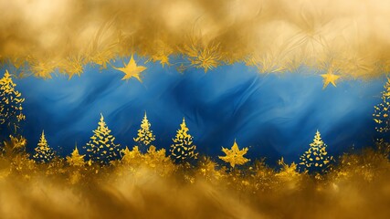golden christmas trees on blue background christmas card with ornaments, decorations. Golden and teal painted shiny and bright season greetings background