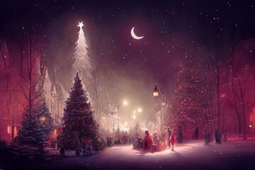 painted Christmas tree forest at eve night with people celebrating. Warm season greetings card. People sharing gifts at christmas eve night in snowy forest village