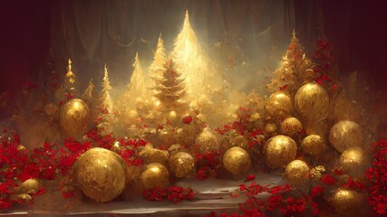 gold and red christmas tree, decorations and ornaments card background.Xmas invitation. Painted red and gold season greetings postcard
