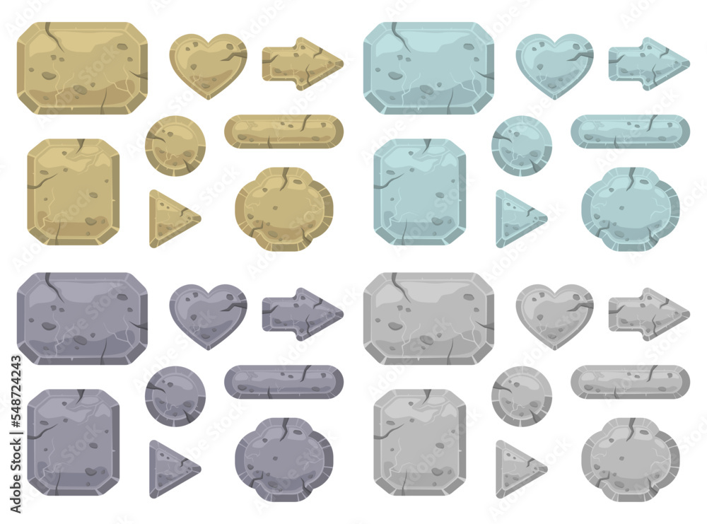 Poster stone buttons of different shapes vector illustrations set. heart, circle, and arrow stone symbols i