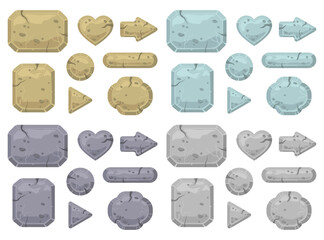 Stone buttons of different shapes vector illustrations set. Heart, circle, and arrow stone symbols isolated on white background. Instruction, texture concept for games or interface design