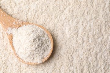 Quinoa flour and wooden spoon, top view. Space for text