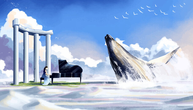 girl playing piano in the ice and whale anime digital art illustration paint background wallpaper