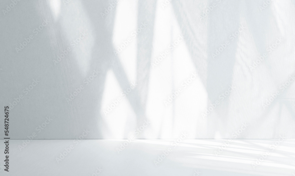 Leinwandbilder Minimalistic abstract gentle light grey background for product presentation with light and shadow of window curtains on wall.