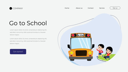 cartoon of school children going on school bus. website landing page website for school kids. landing page for the school website