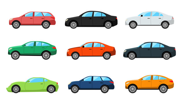 Colorful cars with different body types vector illustrations set. Collection of cartoon drawings of automobiles, coupe, hatchback, sedan isolated on white background. Transport, transportation concept
