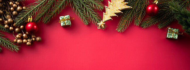 Christmas background design concept with beautiful decors and tree branch.