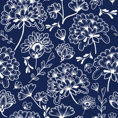 Seamless repeat floral pattern in indigo blue with white lines, handdrawn Asian style flowers