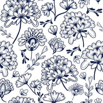 Seamless Chinese style flower pattern indigo blue on white background