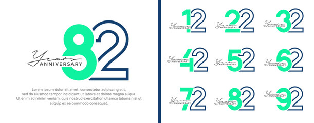 set of anniversary logo style flat blue and green on white background for celebration
