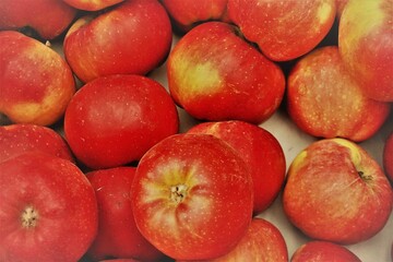 Rot-gelbe bio Äpfel in Kiste am Morgen im Winter